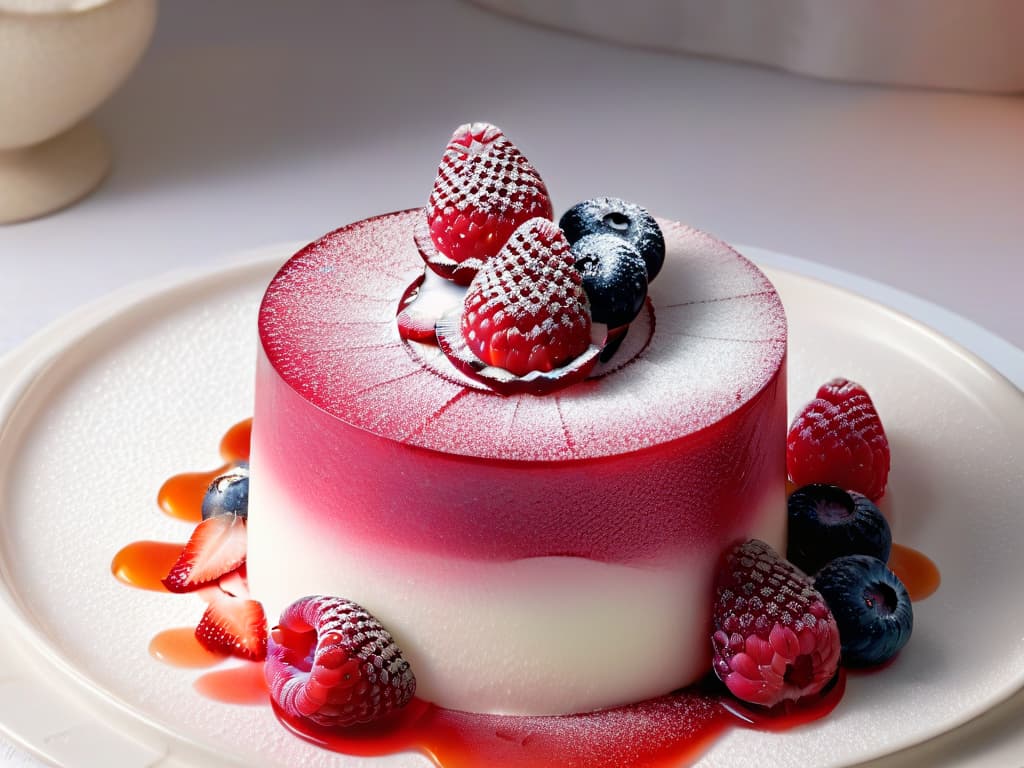  A closeup, ultradetailed image of a delicate sugar crystal forming on the surface of a vibrant red raspberry, showcasing the intricate beauty of crystallization in the art of dessert decoration. The crystal glistens in the light, reflecting a rainbow of colors, against the backdrop of the rich, natural hue of the fruit. The fine details of the crystal structure are highlighted, capturing the essence of elegance and sophistication in dessert presentation. hyperrealistic, full body, detailed clothing, highly detailed, cinematic lighting, stunningly beautiful, intricate, sharp focus, f/1. 8, 85mm, (centered image composition), (professionally color graded), ((bright soft diffused light)), volumetric fog, trending on instagram, trending on tumblr, HDR 4K, 8K