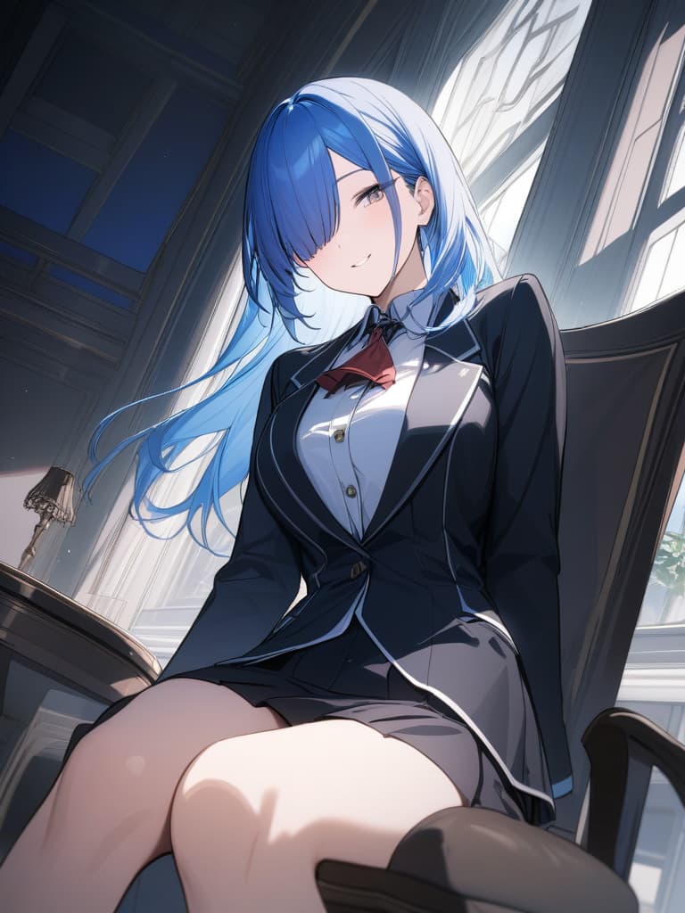  ultra detailed:1.4,masterpiece:1.4,best quality,masterpiece,bestquality,hdr:1.3,8k:1.3,very cute :1.3,(blue hair and pink hair :1.3), smile:1.3,(black color, blazer:1.3),white :1.3,vest:1.3,ascot:1.3, desk:1.3,cowboy shot:1.3,sitting chair :1.3, room :1.1,wind,(blunt bangs hair over one eye :1.3,Dutch angle:1.1, masterpiece, best quality,8k,ultra detailed,high resolution,an extremely delicate and beautiful,hyper detail