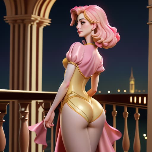  Anne Hathaway as Disney-like with amazing figures in bodytight,glittering,pink-yellow skinny short silk seen from the back showing some , deep over balcony of her palace