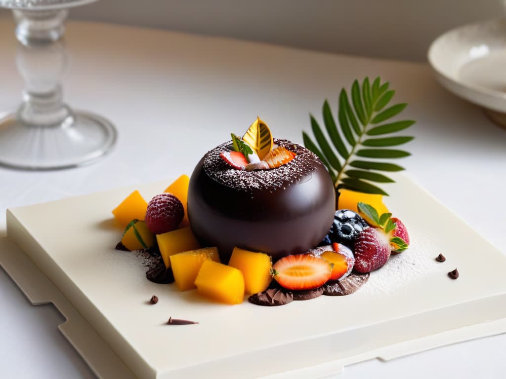  A luxurious, minimalistic dessert presentation featuring a delicate, intricate chocolate sphere filled with vibrant tropical fruits, adorned with edible gold leaf and served on a sleek, modern plate. The background is a soft focus of a sophisticated, highend restaurant setting, enhancing the elegant and innovative nature of the dessert. hyperrealistic, full body, detailed clothing, highly detailed, cinematic lighting, stunningly beautiful, intricate, sharp focus, f/1. 8, 85mm, (centered image composition), (professionally color graded), ((bright soft diffused light)), volumetric fog, trending on instagram, trending on tumblr, HDR 4K, 8K