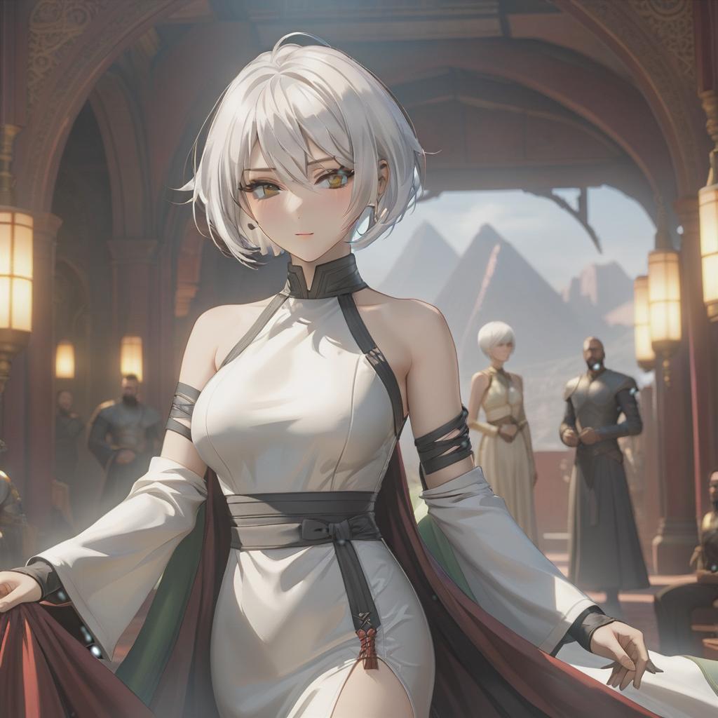  A girl android with a short haircut and white hair, with a bandage on her eyes, in a floor length dress hyperrealistic, full body, detailed clothing, highly detailed, cinematic lighting, stunningly beautiful, intricate, sharp focus, f/1. 8, 85mm, (centered image composition), (professionally color graded), ((bright soft diffused light)), volumetric fog, trending on instagram, trending on tumblr, HDR 4K, 8K