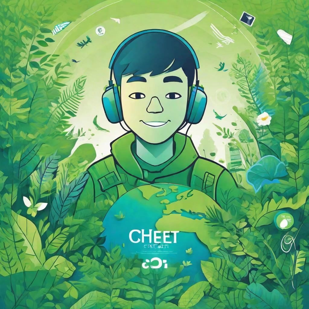  masterpiece, best quality,Background design: fresh green and blue gradient, representing harmony between nature and society. Core image design: a young man organizes an online environmental campaign through the network of Wopi. He uses smart devices to showcase his environmental projects, and the screen displays the slogan "cheer for the earth." Young people occupy the right half of the image facing left.