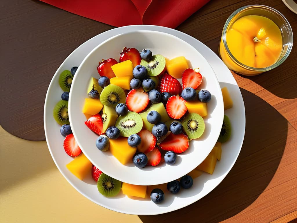  A closeup, ultradetailed image of a vibrant fruit salad composed of a variety of seasonal fruits such as strawberries, blueberries, kiwis, and mangoes, all neatly arranged in a sleek, modern white bowl. The fruits glisten with freshness, showcasing their natural colors and textures in exquisite detail. The background is subtly blurred, emphasizing the simplicity and elegance of the arrangement, making it a visually striking and appetizing image that perfectly complements the theme of natural desserts with seasonal fruits. hyperrealistic, full body, detailed clothing, highly detailed, cinematic lighting, stunningly beautiful, intricate, sharp focus, f/1. 8, 85mm, (centered image composition), (professionally color graded), ((bright soft diffused light)), volumetric fog, trending on instagram, trending on tumblr, HDR 4K, 8K