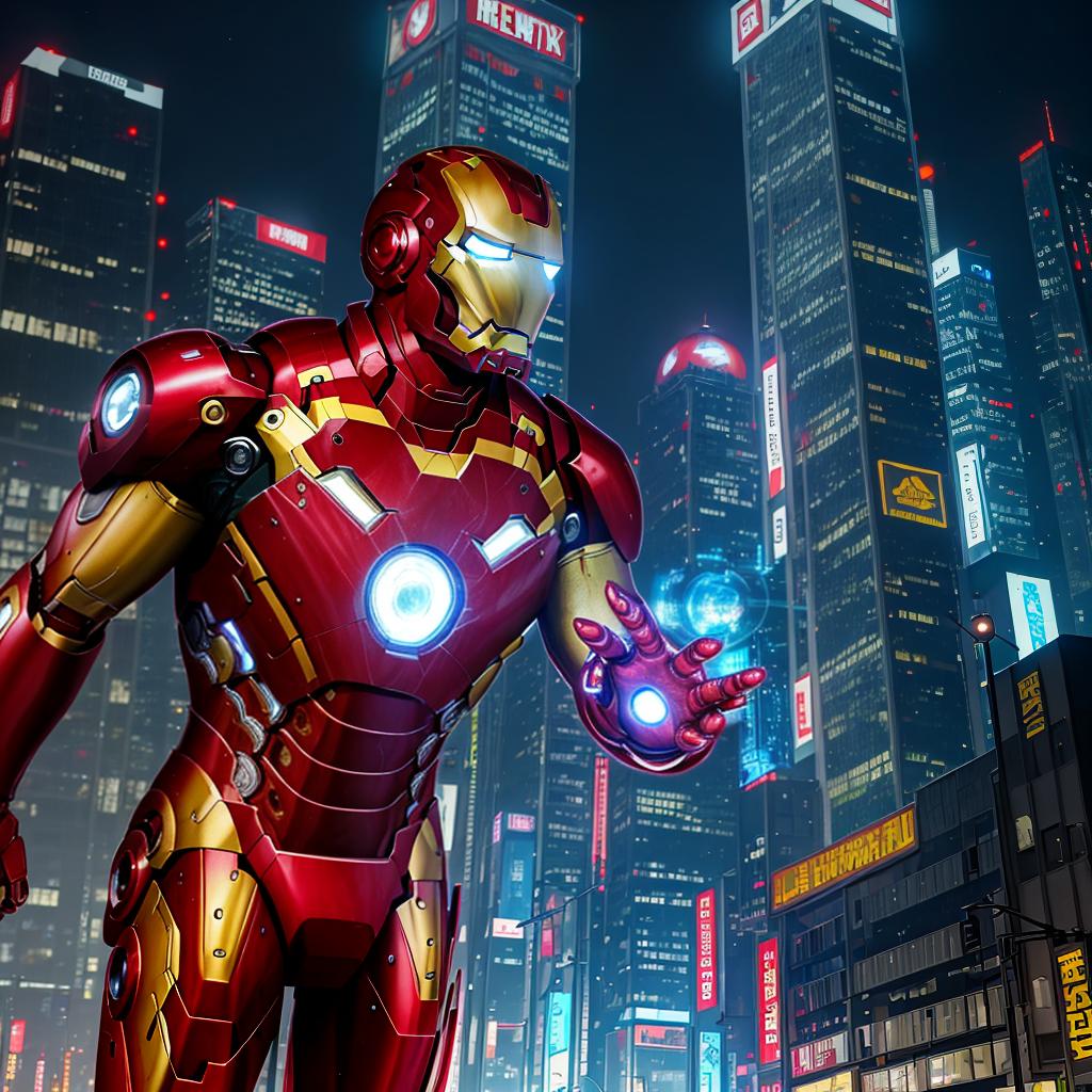  masterpiece, best quality, masterpiece, 8k resolution, realistic, highly detailed, Iron Man close-up. He stands on a street lined with tall buildings in a cyberpunk style city at night. The city's night lights are bright, and the surrounding buildings and streets are full of cyberpunk elements such as neon lights, high-tech equipment and futuristic architectural design.