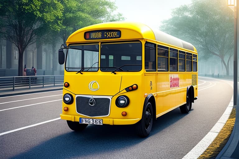  A small yellow bus runs towards school with cheering children and the writing PROMM hyperrealistic, full body, detailed clothing, highly detailed, cinematic lighting, stunningly beautiful, intricate, sharp focus, f/1. 8, 85mm, (centered image composition), (professionally color graded), ((bright soft diffused light)), volumetric fog, trending on instagram, trending on tumblr, HDR 4K, 8K