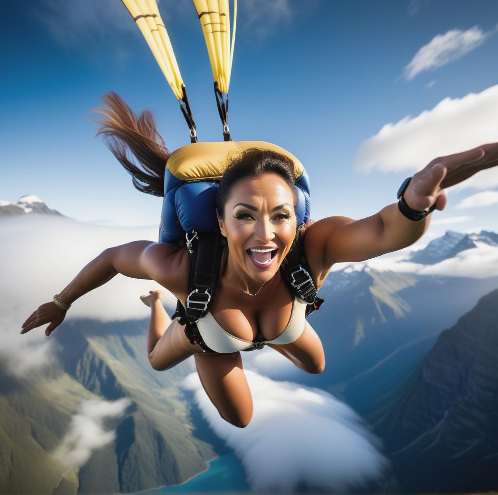  portrait of a voluptuos beautiful naked mature polynesian beauty skydiving over the alps hyperrealistic, full body, detailed clothing, highly detailed, cinematic lighting, stunningly beautiful, intricate, sharp focus, f/1. 8, 85mm, (centered image composition), (professionally color graded), ((bright soft diffused light)), volumetric fog, trending on instagram, trending on tumblr, HDR 4K, 8K