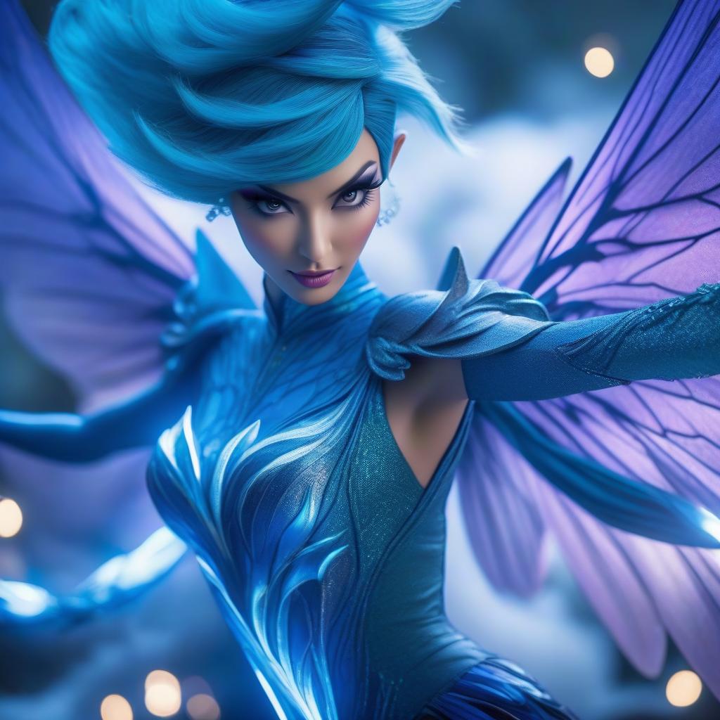  Asian fairy with short blue hair. Muse from the animated series "Winx." hyperrealistic, full body, detailed clothing, highly detailed, cinematic lighting, stunningly beautiful, intricate, sharp focus, f/1. 8, 85mm, (centered image composition), (professionally color graded), ((bright soft diffused light)), volumetric fog, trending on instagram, trending on tumblr, HDR 4K, 8K