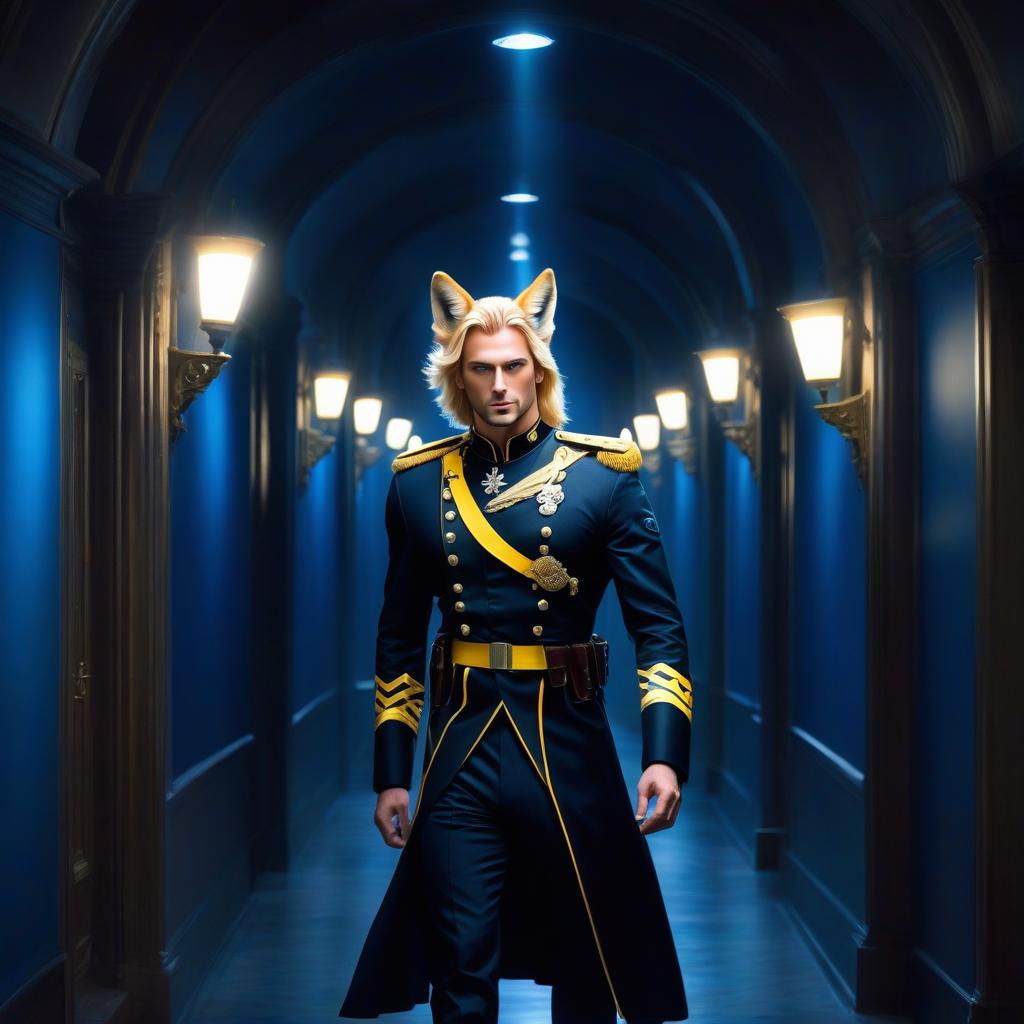  Realistically, a handsome man a blonde, a man with foxlike ears, long hair, a man with yellow eyes, and wearing black military clothes, he walks down a corridor illuminated by blue spotlights, clear focus, vividly detailed eyes, a beautiful portrait illustration, a portrait in the style of fantasy, blue and white flashes, bright colors, yellow eyes, fantasy art, intricate design, highly detailed, clear focus, 8k, high resolution, elegant. hyperrealistic, full body, detailed clothing, highly detailed, cinematic lighting, stunningly beautiful, intricate, sharp focus, f/1. 8, 85mm, (centered image composition), (professionally color graded), ((bright soft diffused light)), volumetric fog, trending on instagram, trending on tumblr, HDR 4K, 8K