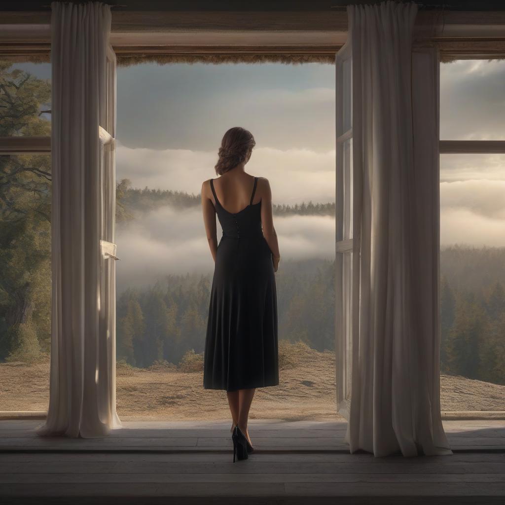  A vintage beautiful sad woman in a black dress looks out of the window at the end of the world in the 1990s. hyperrealistic, full body, detailed clothing, highly detailed, cinematic lighting, stunningly beautiful, intricate, sharp focus, f/1. 8, 85mm, (centered image composition), (professionally color graded), ((bright soft diffused light)), volumetric fog, trending on instagram, trending on tumblr, HDR 4K, 8K