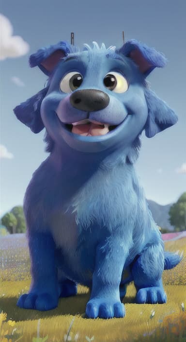  {A happy, big blue dog wagging its tail in a colorful meadow, The big blue dog is large with sky blue fur, big round eyes, a black nose, and floppy ears.