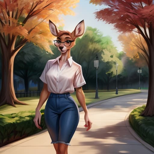  Deer, girl, glasses, johnfoxart, park, best quality, best anatomy, full height, best face, shirt, open eyes, digital art, masterpiece, 4k, fine details,