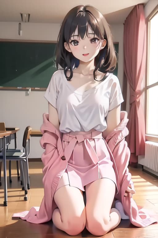  Masterpiece,1girl, parted lips, blush, makeup, light smile, uniform, classroom, light rays, glow,, collarbone, narrow waist, (masterpiece), wallpaper, sheer shirt, uncensored and hips, full body