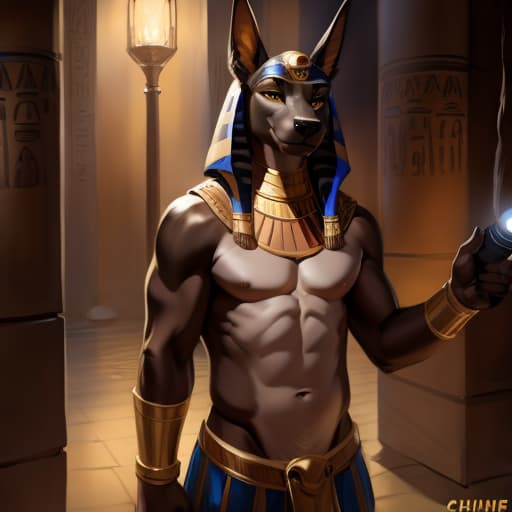  By chunie. Anubis using an Egyptian urn as a flashlight. Testicles., open eyes, digital art, masterpiece, 4k, fine details,