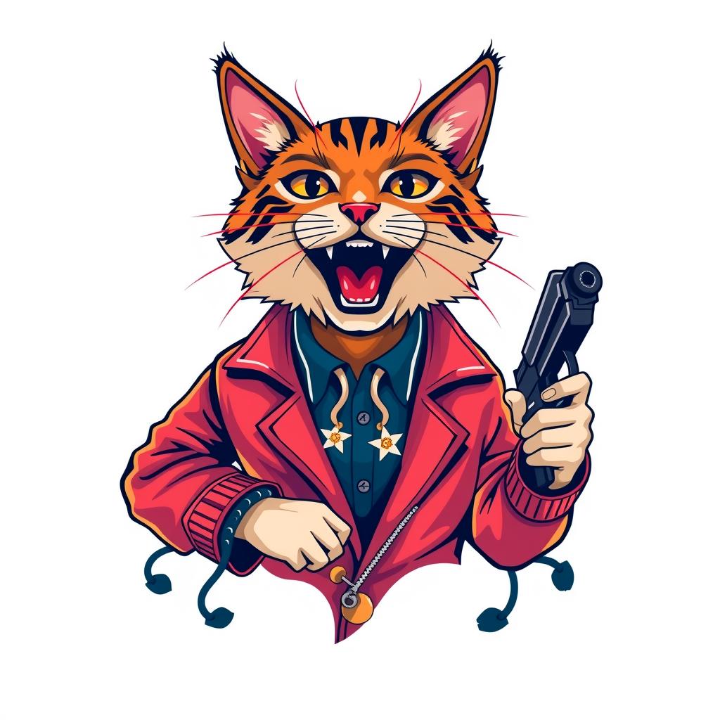  american style logo with a cat with one hand in his pocket and the other holding a gun and pointing it at his target the team name [add the text to the logo design “product hunt”] is in the and combined with the logo like sport team logoamerican style logo with a cat with one hand in his pocket and the other holding a gun and pointing it at his target the team name [add the text to the logo design “product hunt”] is in the and combined with the logo like sport team logo. generate a professional tattoo illustration. the tattoo should be isolated and centered. place the tattoo in the center on a solid white background. tattoo with hyperrealistic, full body, detailed clothing, highly detailed, cinematic lighting, stunningly beautiful, intricate, sharp focus, f/1. 8, 85mm, (centered image composition), (professionally color graded), ((bright soft diffused light)), volumetric fog, trending on instagram, trending on tumblr, HDR 4K, 8K