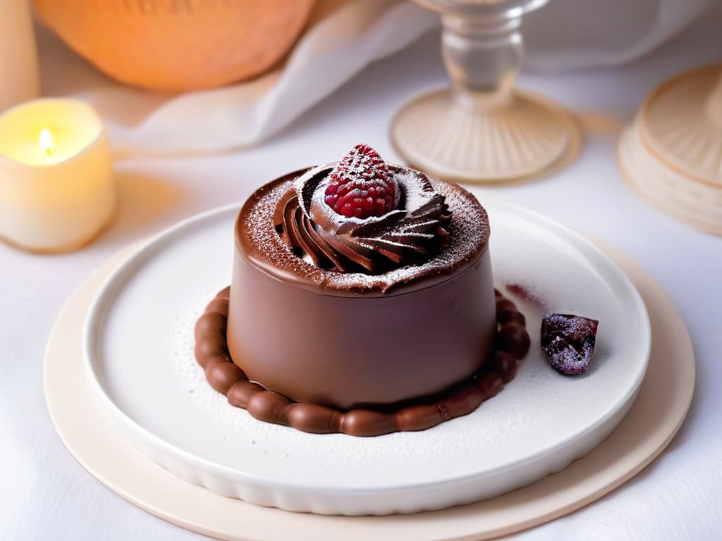  An ultradetailed image of a smooth, velvety chocolate mousse topped with a perfectly placed fresh raspberry, served in an elegant glass dessert cup. The mousse is beautifully garnished with delicate chocolate shavings, and the background features soft, blurred candlelight to enhance the luxurious ambiance. hyperrealistic, full body, detailed clothing, highly detailed, cinematic lighting, stunningly beautiful, intricate, sharp focus, f/1. 8, 85mm, (centered image composition), (professionally color graded), ((bright soft diffused light)), volumetric fog, trending on instagram, trending on tumblr, HDR 4K, 8K