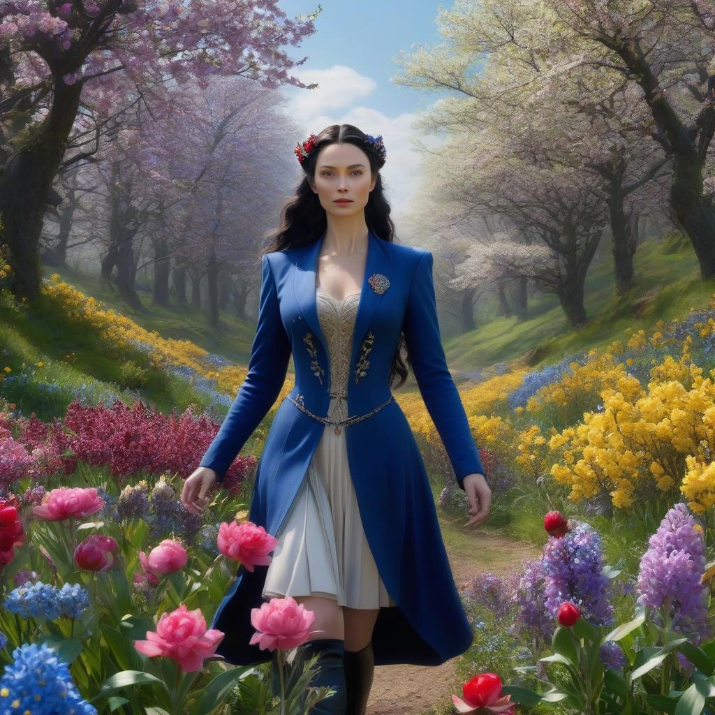  Luthien Tinuviel. A very pretty girl. Forest, silver crown on her forehead, blue coat. ((Sparkling rim)): spring field, hyacinths, roses, rosehips, rose hips, peonies, cherry tree, yellow, red, black flowers, forget me nots. hyperrealistic, full body, detailed clothing, highly detailed, cinematic lighting, stunningly beautiful, intricate, sharp focus, f/1. 8, 85mm, (centered image composition), (professionally color graded), ((bright soft diffused light)), volumetric fog, trending on instagram, trending on tumblr, HDR 4K, 8K