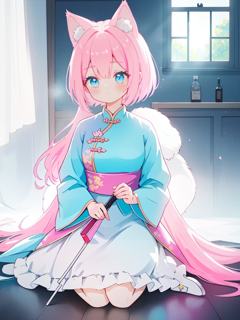  Cat ears, pink hair, china clothing, eyes color blue, alone, bob hair, moe, cute, masterpiece, best quality,8k,ultra detailed,high resolution,an extremely delicate and beautiful,hyper detail hyperrealistic, full body, detailed clothing, highly detailed, cinematic lighting, stunningly beautiful, intricate, sharp focus, f/1. 8, 85mm, (centered image composition), (professionally color graded), ((bright soft diffused light)), volumetric fog, trending on instagram, trending on tumblr, HDR 4K, 8K