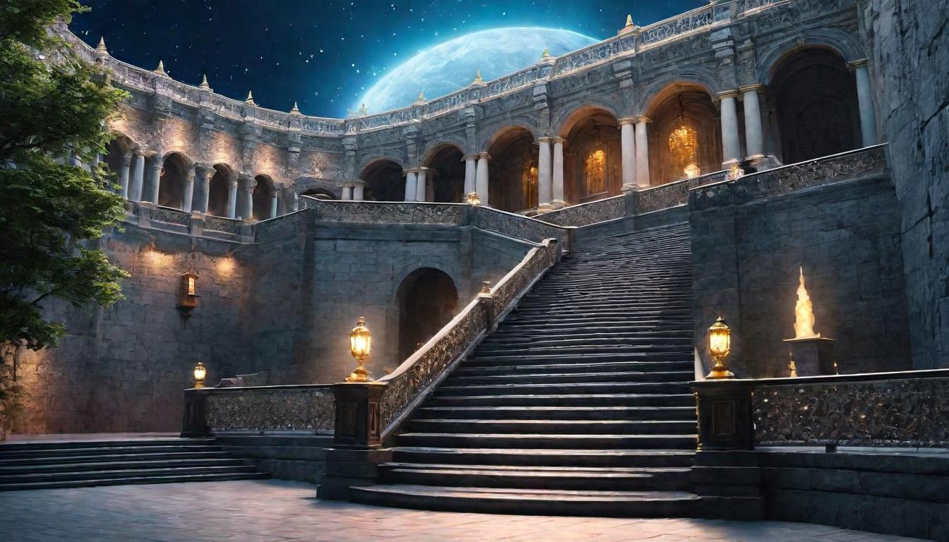  （surrealism)A grand staircase, bold marble steps, ascending towards a celestial light at the top, ornate railings with intricate patterns, heavenly glow, ethereal atmosphere mystic, intricate details, best quality)