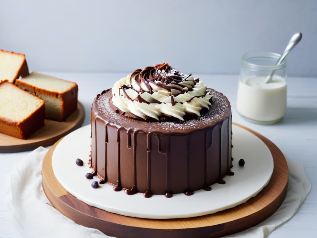  An ultrahigh resolution, minimalist image of a decadent vegan chocolate cake, perfectly moist and topped with swirls of dairyfree frosting made with vegan yogurt. The cake is set on a sleek, modern white plate with a backdrop of soft, natural lighting that emphasizes the rich texture and glossy finish of the dessert. The focus is on the intricate details of the cake's crumb and the smooth, creamy frosting, inviting the viewer to indulge in the tantalizing world of vegan baking. hyperrealistic, full body, detailed clothing, highly detailed, cinematic lighting, stunningly beautiful, intricate, sharp focus, f/1. 8, 85mm, (centered image composition), (professionally color graded), ((bright soft diffused light)), volumetric fog, trending on instagram, trending on tumblr, HDR 4K, 8K