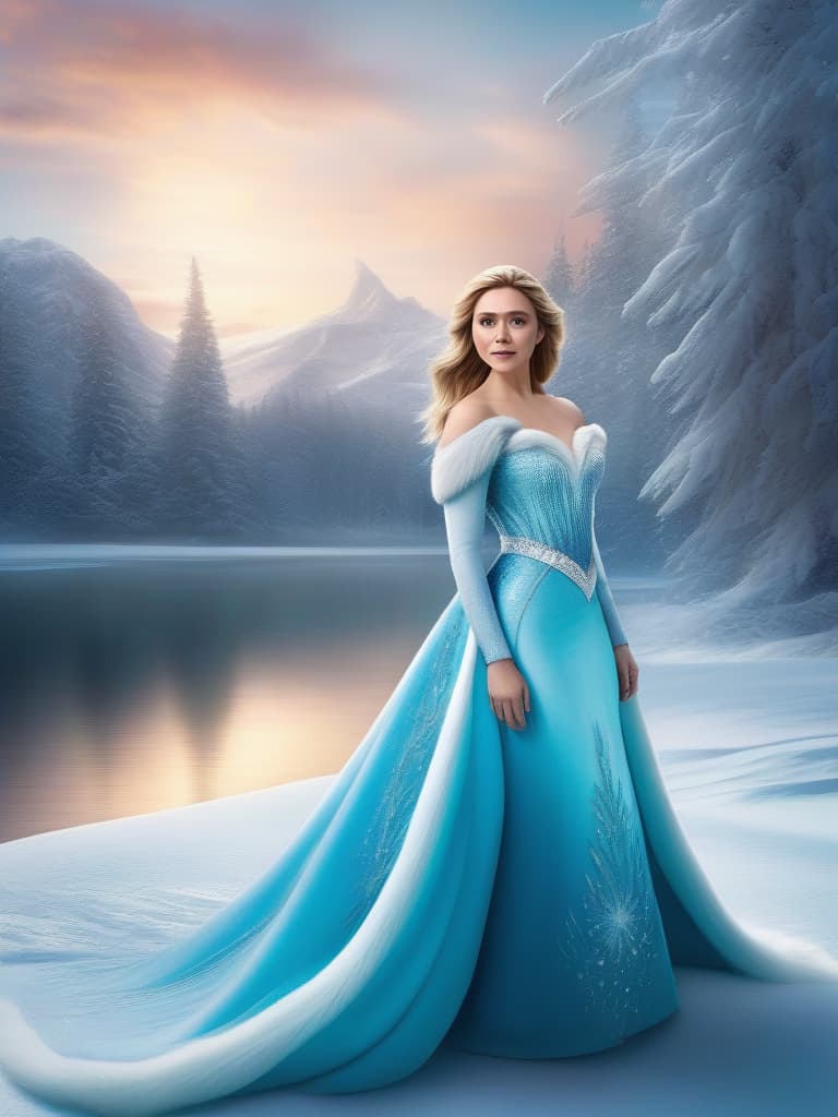  Elizabeth olsen as Elsa look , full body image , doing snow magic , snow background, , ((masterpiece)), best quality, very detailed, high resolution, sharp, sharp image, extremely detailed, 4k, 8k