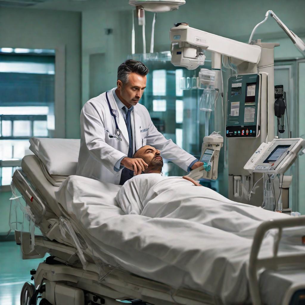  Foto de un hombre enfermo echado en una cama de un hospital conectado a una maquina hoterl, mientras le transfieren sangre y que lleve un carte de VIH positivo hyperrealistic, full body, detailed clothing, highly detailed, cinematic lighting, stunningly beautiful, intricate, sharp focus, f/1. 8, 85mm, (centered image composition), (professionally color graded), ((bright soft diffused light)), volumetric fog, trending on instagram, trending on tumblr, HDR 4K, 8K