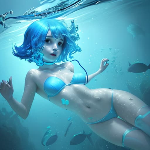  A girl under water with short blue hair no reaciton