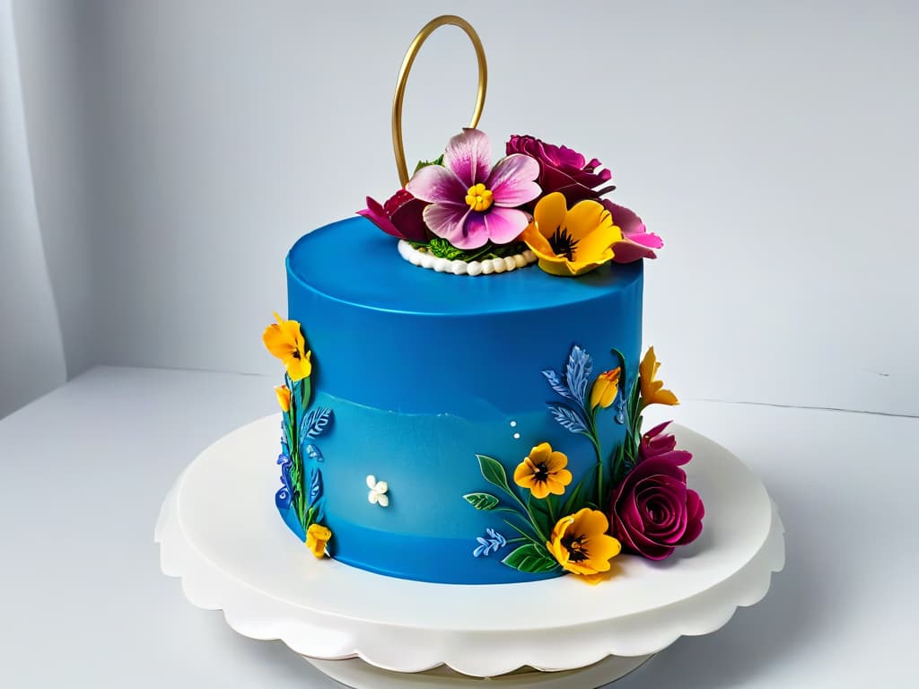  A highresolution closeup image of a decadent, intricately decorated multilayered cake, showcasing exquisite piping work, delicate fondant details, and vibrant edible flowers on top. The cake sits on a sleek, modern cake stand against a clean, white backdrop, emphasizing the precision and artistry involved in advanced pastry creations. hyperrealistic, full body, detailed clothing, highly detailed, cinematic lighting, stunningly beautiful, intricate, sharp focus, f/1. 8, 85mm, (centered image composition), (professionally color graded), ((bright soft diffused light)), volumetric fog, trending on instagram, trending on tumblr, HDR 4K, 8K