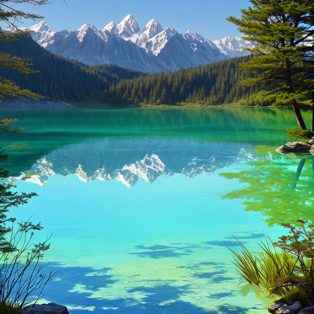  as a painting, Convey the serene majesty of towering mountains reflected in the crystal-clear waters of a tranquil alpine lake, using your unique artistic vision to evoke a sense of awe and tranquility.