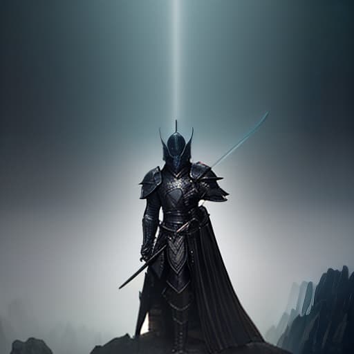  A black knight in large dark armor and a dark helmet with a sword looking down, against the backdrop of a castle at night in the glow of twilight., geometric , structural , aesthetic , by Julius Shulman, Andreas Gursky, Iwan Baan, Berenice Abbott, Hiroshi Sugimoto hyperrealistic, full body, detailed clothing, highly detailed, cinematic lighting, stunningly beautiful, intricate, sharp focus, f/1. 8, 85mm, (centered image composition), (professionally color graded), ((bright soft diffused light)), volumetric fog, trending on instagram, trending on tumblr, HDR 4K, 8K