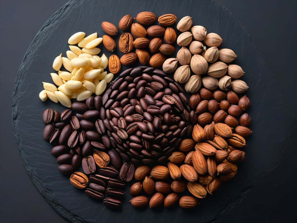  A minimalist, highly detailed image of various types of cacao beans beautifully arranged in a symmetrical pattern on a sleek, black slate surface. The beans vary in color and size, showcasing the diversity of flavors and origins available for crafting exquisite beantobar chocolates. Each bean is captured with such precision that every subtle ridge and texture is clearly visible, inviting the viewer to appreciate the natural beauty and complexity of this essential ingredient. hyperrealistic, full body, detailed clothing, highly detailed, cinematic lighting, stunningly beautiful, intricate, sharp focus, f/1. 8, 85mm, (centered image composition), (professionally color graded), ((bright soft diffused light)), volumetric fog, trending on instagram, trending on tumblr, HDR 4K, 8K