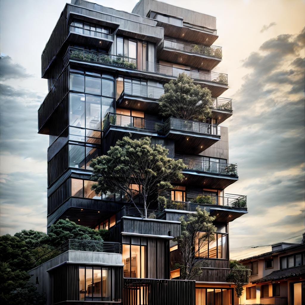  A luxury modern house in a city, tree, raw photo, cinematic lighting, best quality, masterpiece