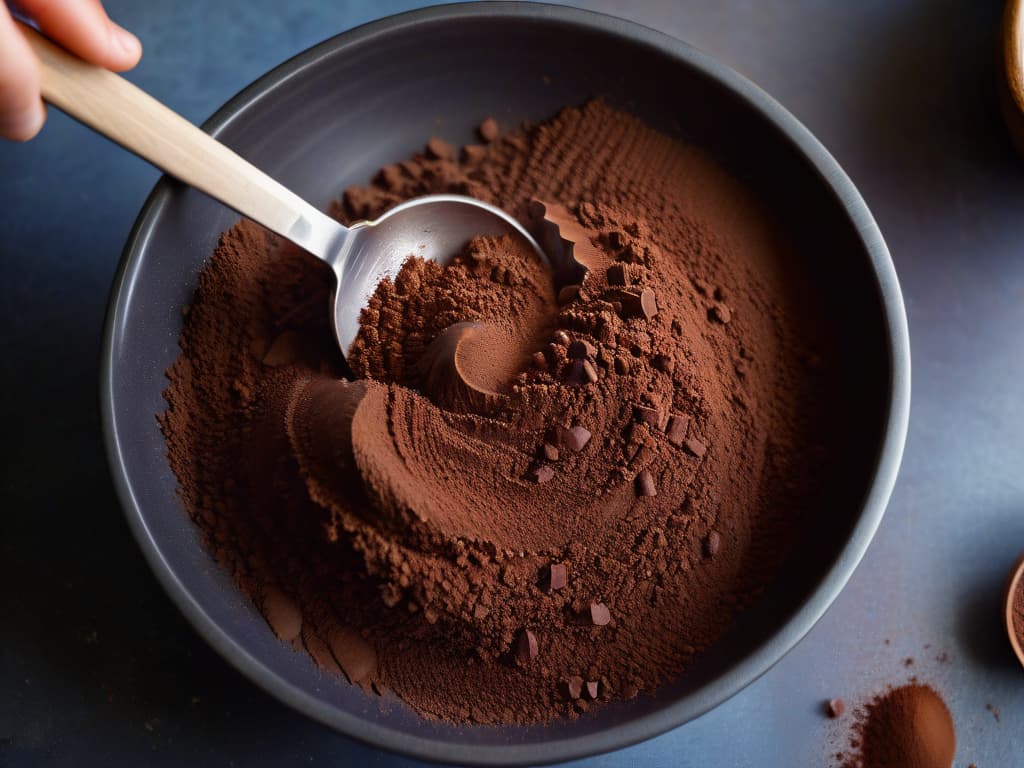  A closeup, highresolution image of a hand stirring fair trade cocoa powder into a bowl of batter, showcasing the rich texture and deep color of the ingredient. The image captures the motion of the hand, with cocoa powder gently swirling into the mixture, creating a visually striking and appetizing scene that highlights the importance of fair trade ingredients in baking. hyperrealistic, full body, detailed clothing, highly detailed, cinematic lighting, stunningly beautiful, intricate, sharp focus, f/1. 8, 85mm, (centered image composition), (professionally color graded), ((bright soft diffused light)), volumetric fog, trending on instagram, trending on tumblr, HDR 4K, 8K