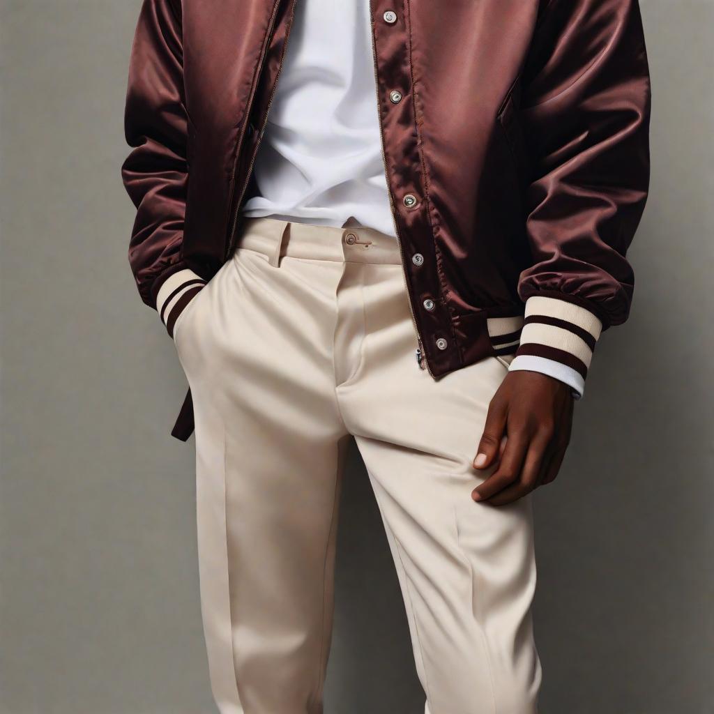  a colored photo of a man in a college jacket, teaser, loosely cropped, bite, thighs close up, for vogue, dark skinned, pockets, very low contrast, silky garment, instagram model