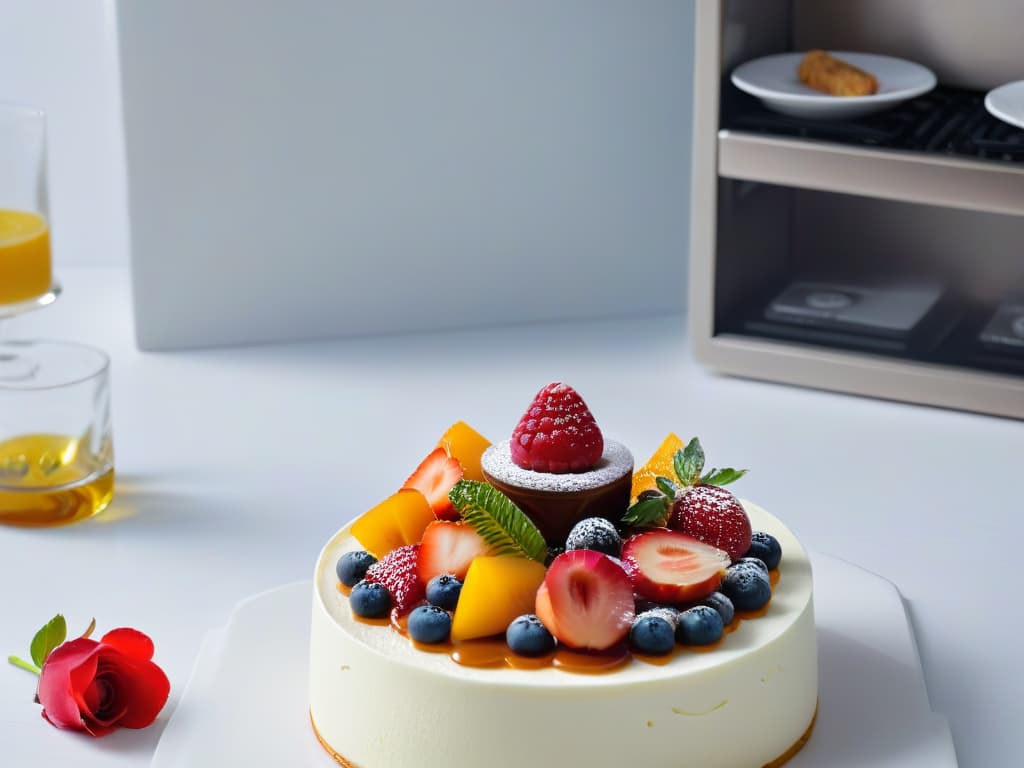  An 8k ultradetailed image of a sleek, modern kitchen with marble countertops and stainless steel appliances. In the center, a beautifully plated dessert featuring vibrant gelificados en repostería moderna techniques, elegantly garnished with fresh fruits and edible flowers. The lighting is soft, casting a gentle glow over the dessert, creating a visually stunning and appetizing scene that embodies the fusion of modern culinary artistry and traditional techniques. hyperrealistic, full body, detailed clothing, highly detailed, cinematic lighting, stunningly beautiful, intricate, sharp focus, f/1. 8, 85mm, (centered image composition), (professionally color graded), ((bright soft diffused light)), volumetric fog, trending on instagram, trending on tumblr, HDR 4K, 8K