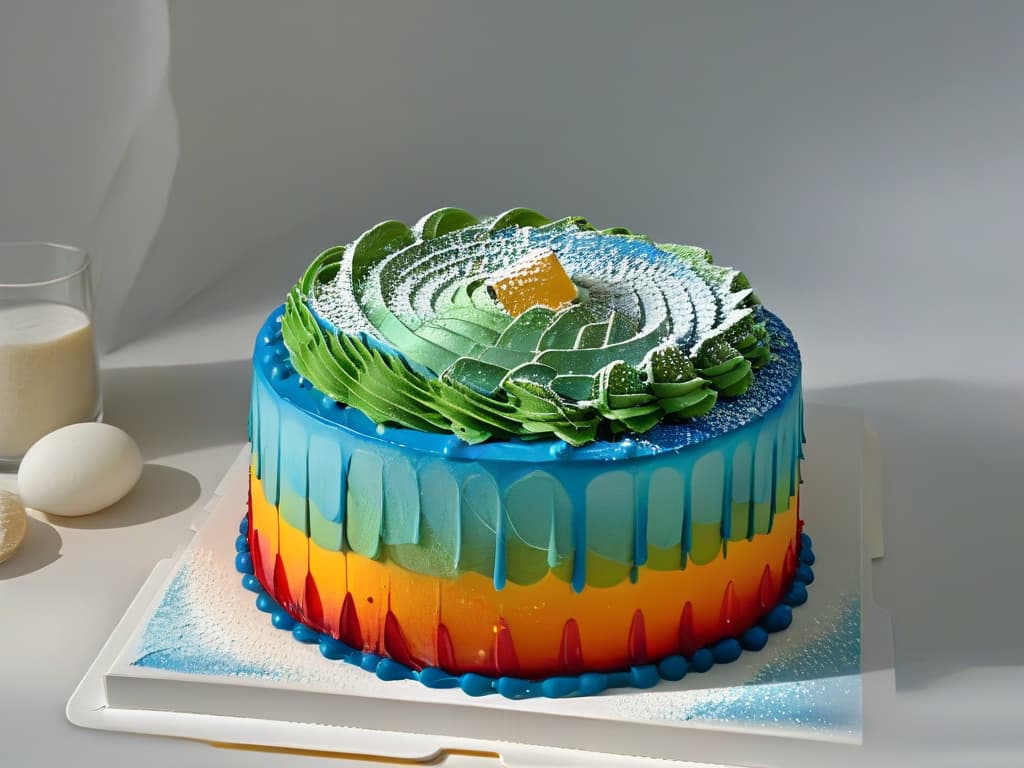  An ultradetailed image of a vibrant rainbow layer cake sliced neatly to reveal the intricate layers of red, orange, yellow, green, blue, and purple, with each layer perfectly stacked on top of the other, showcasing the seamless blending of colors and the flawless execution of the pastry technique. The cake is topped with a light dusting of powdered sugar, adding a touch of elegance to the masterpiece. The image is captured from a topdown perspective, highlighting the precision and artistry involved in creating such a visually stunning dessert. hyperrealistic, full body, detailed clothing, highly detailed, cinematic lighting, stunningly beautiful, intricate, sharp focus, f/1. 8, 85mm, (centered image composition), (professionally color graded), ((bright soft diffused light)), volumetric fog, trending on instagram, trending on tumblr, HDR 4K, 8K