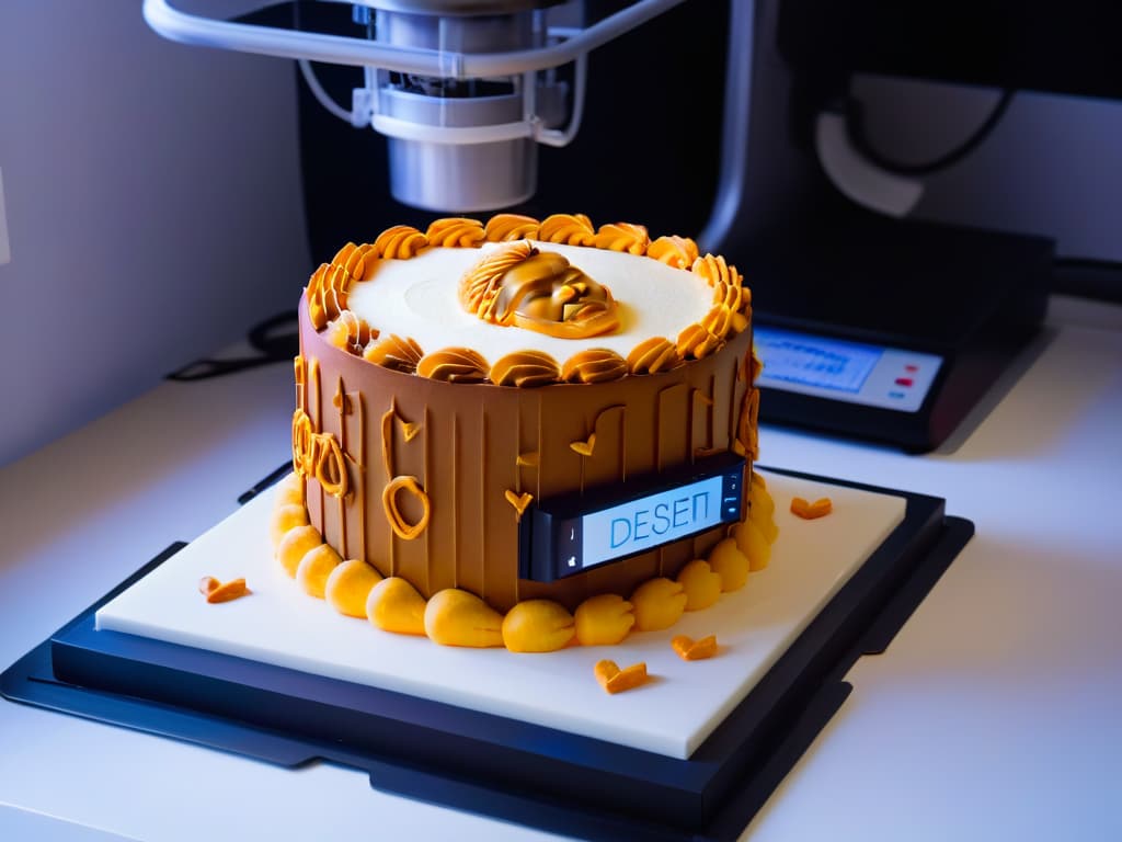  A highresolution image of a futuristic 3D printer creating an intricately designed dessert in the shape of a famous celebrity's face, surrounded by a team of chefs and technologists collaborating on the innovative dessert creation. The dessert is colorful and visually striking, showcasing the unique blend of technology and culinary artistry in the world of celebritythemed 3D desserts. hyperrealistic, full body, detailed clothing, highly detailed, cinematic lighting, stunningly beautiful, intricate, sharp focus, f/1. 8, 85mm, (centered image composition), (professionally color graded), ((bright soft diffused light)), volumetric fog, trending on instagram, trending on tumblr, HDR 4K, 8K