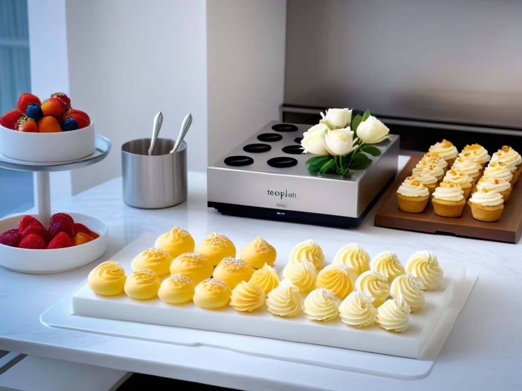  A highresolution, ultradetailed image of a sleek, minimalistic pastry workstation in a bright, modern kitchen setting. The workstation features a pristine marble countertop with subtle veining, gleaming stainless steel tools neatly arranged, a row of pastelcolored mixing bowls, a stack of delicate pastry plates, and a vase of fresh flowers adding a touch of elegance. The overall aesthetic is clean, professional, and inspiring, perfectly embodying the essence of a toptier pastry chef's workspace. hyperrealistic, full body, detailed clothing, highly detailed, cinematic lighting, stunningly beautiful, intricate, sharp focus, f/1. 8, 85mm, (centered image composition), (professionally color graded), ((bright soft diffused light)), volumetric fog, trending on instagram, trending on tumblr, HDR 4K, 8K