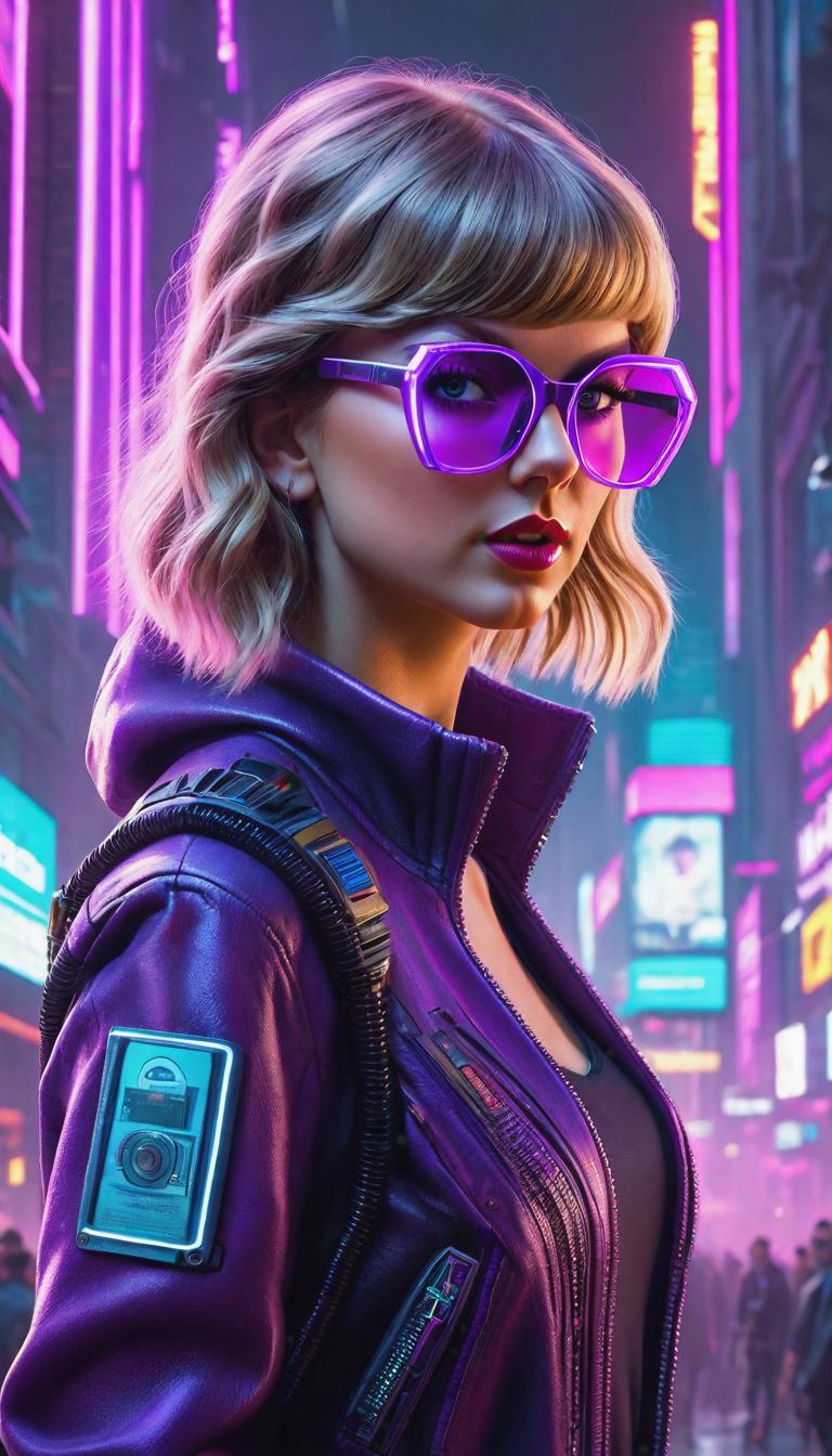  Cyberpunk style depiction of Taylor Swift in purple glasses . The scene is set in a world where technology has advanced, but society and human conditions have not, creating a gritty, dystopian atmosphere. hyperrealistic, full body, detailed clothing, highly detailed, cinematic lighting, stunningly beautiful, intricate, sharp focus, f/1. 8, 85mm, (centered image composition), (professionally color graded), ((bright soft diffused light)), volumetric fog, trending on instagram, trending on tumblr, HDR 4K, 8K