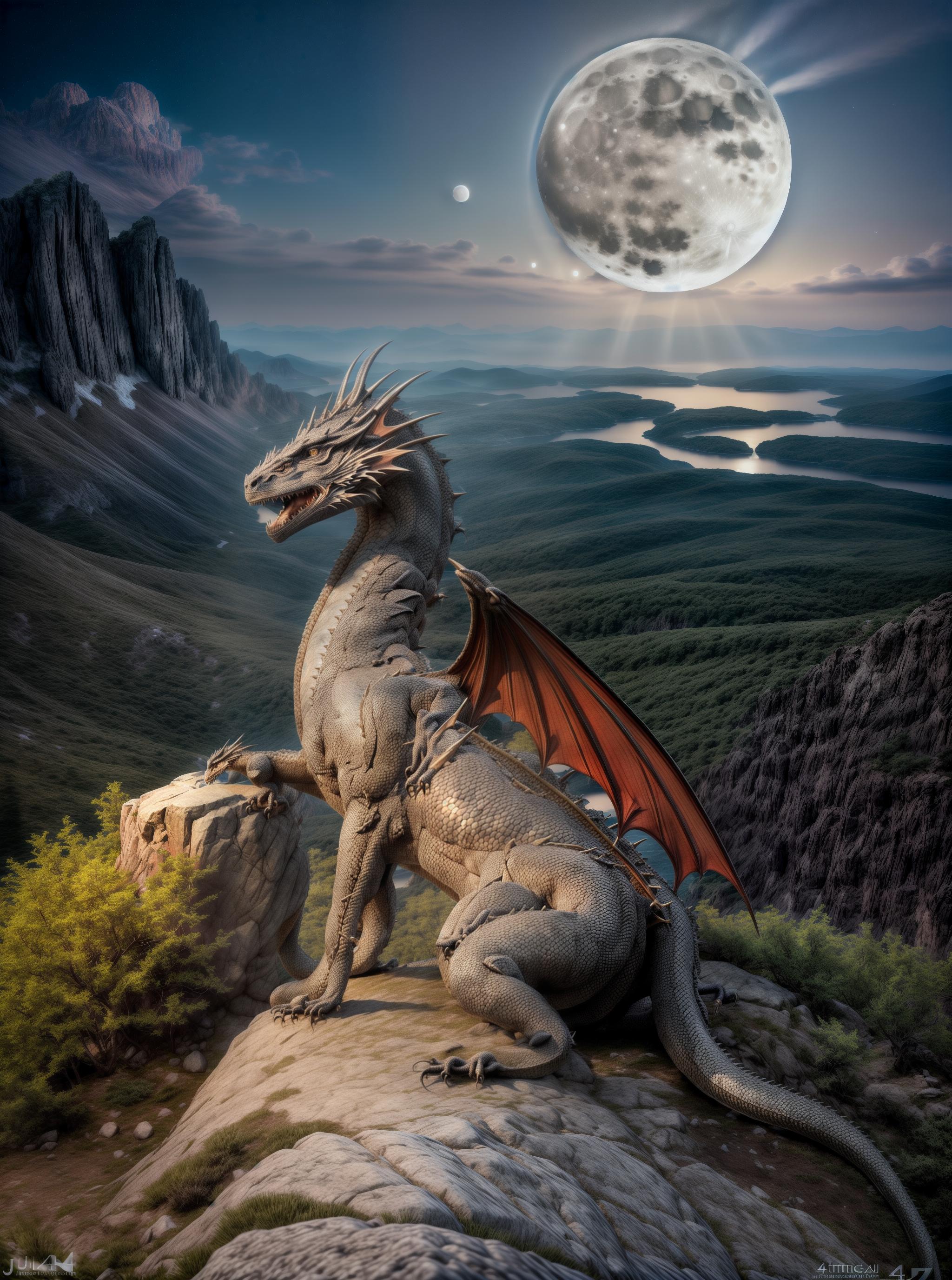  RAW photo, ((Prompt: Majestic dragon resting on a mountain peak, illuminated by a full moon, fantasy, highly detailed, cinematic lighting, digital painting by Justin Gerard and Ciruelo Cabral, artstation, 4k resolution)), 8k uhd, dslr, soft lighting, high quality, film grain, Fujifilm XT3