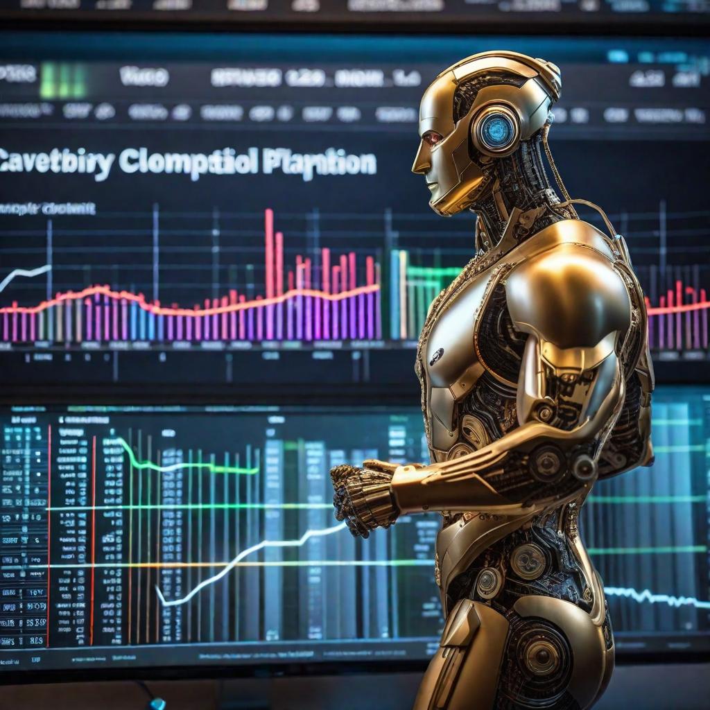  ai machine observing a stock market chart hyperrealistic, full body, detailed clothing, highly detailed, cinematic lighting, stunningly beautiful, intricate, sharp focus, f/1. 8, 85mm, (centered image composition), (professionally color graded), ((bright soft diffused light)), volumetric fog, trending on instagram, trending on tumblr, HDR 4K, 8K