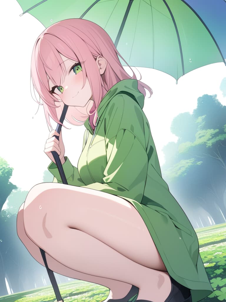  ultra detailed:1.2,masterpiece:1.2,best quality,masterpiece,bestquality,hdr:1.1,8k:1.1,very cute girl:1.3,(clover field:1.3),search a green clover:1.3,holding clover:1.4,holding umbrella:1.3,heavy rain:1.3,rainbow:1.2,(checkerd pattern,big umbrella :1.1),(pink hair:1.3),happy smile:1.3,(squatting,kneeling:1.4)from below:1.2,from side,looking down,closed mouth:1.1,face focus:1.5,yellow raincoat:1.1,Dutch angle:1.3, masterpiece, best quality,8k,ultra detailed,high resolution,an extremely delicate and beautiful,hyper detail