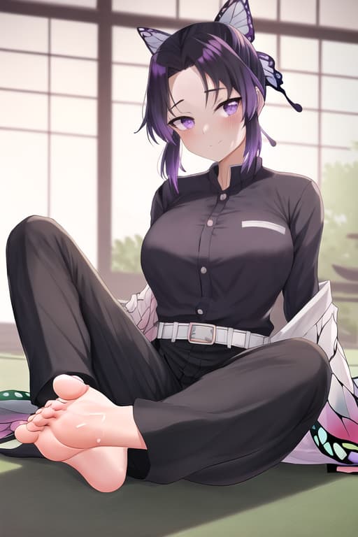  sitting on ground,beautiful feet,soles,feet up,straight legs,visible feets,five toes on left foot,five toes on right foot,anatomically accurate feet,feet pose,sweaty feet,steamy feet,masterpiece, best quality, kochou shinobu, multicolored hair, no bangs, hair intakes, purple eyes, forehead, black shirt, black pants, haori, butterfly, buttons, belt