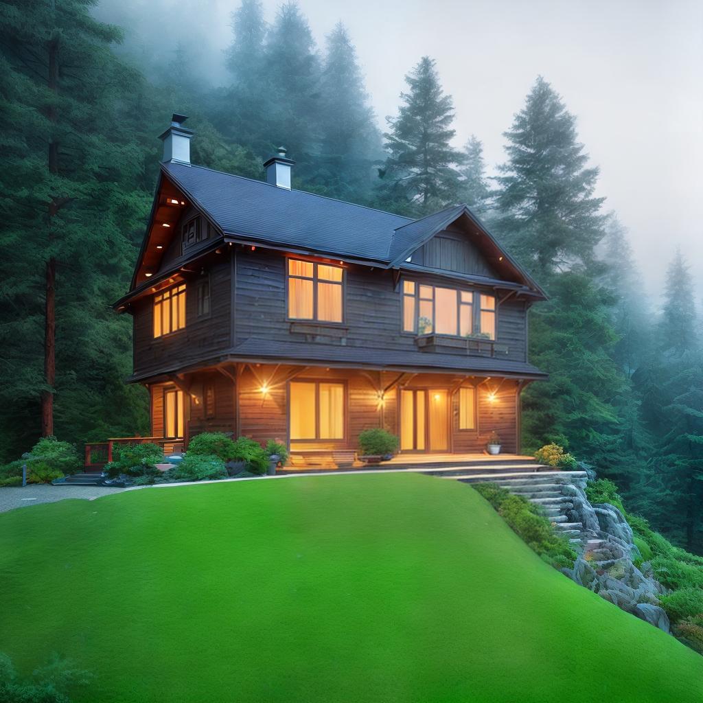  Two-storey private house with dimensions of 8x13 meters, on a sloping terrain with a slope difference of 2 meters. ,highly detailed, cinematic lighting, stunningly beautiful, intricate, sharp focus, f1. 8, 85mm, (centered image composition), (professionally color graded), ((bright soft diffused light)), volumetric fog, trending on instagram, trending on tumblr, HDR 4K, 8K