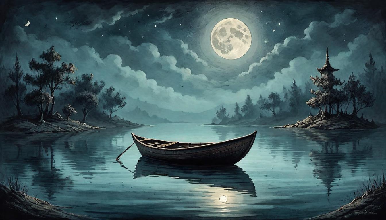  on parchment, surrealism+++, Small wooden boat afloat in dark moonlit waters, calm reflection of the moonlight breaking on the surface, sense of solitude, quiet confidence(mysterious, provocative, symbolic,muted color)+++