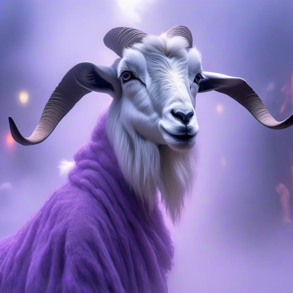  The goat in the purple hat hyperrealistic, full body, detailed clothing, highly detailed, cinematic lighting, stunningly beautiful, intricate, sharp focus, f/1. 8, 85mm, (centered image composition), (professionally color graded), ((bright soft diffused light)), volumetric fog, trending on instagram, trending on tumblr, HDR 4K, 8K