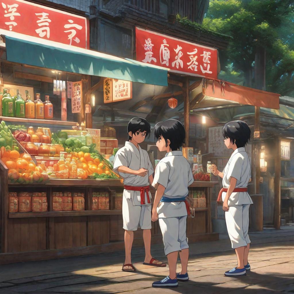  A black haired child wearing a karate uniform next to a juice vendor., anime concept art by Hayao Miyazaki, featured on pixiv, fantasy art, concept art, official art, high detailed hyperrealistic, full body, detailed clothing, highly detailed, cinematic lighting, stunningly beautiful, intricate, sharp focus, f/1. 8, 85mm, (centered image composition), (professionally color graded), ((bright soft diffused light)), volumetric fog, trending on instagram, trending on tumblr, HDR 4K, 8K