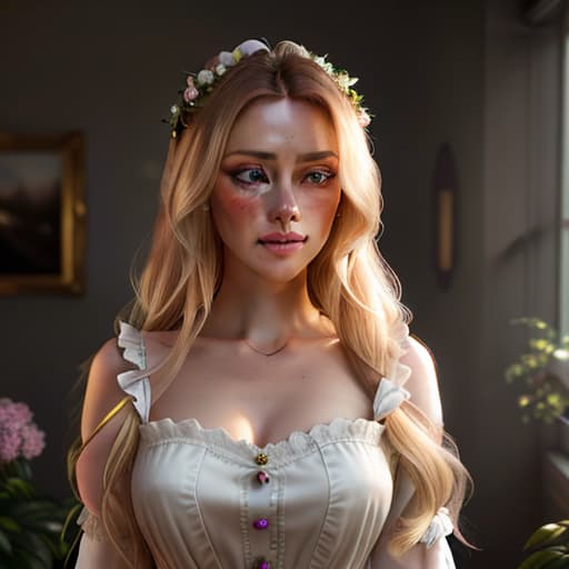  detailed and realistic portrait of a rapunzel maid with a few freckles, long blonde disheveled hairs, multicolor mesmerizing eyes, dark fluffy dress, soft natural lighting, portrait photography, magical photography, dramatic lighting, photo realism, ultra detailed, intimate portrait composition, flowers in background, Leica 50mm, f1. 4 hyperrealistic, full body, detailed clothing, highly detailed, cinematic lighting, stunningly beautiful, intricate, sharp focus, f/1. 8, 85mm, (centered image composition), (professionally color graded), ((bright soft diffused light)), volumetric fog, trending on instagram, trending on tumblr, HDR 4K, 8K