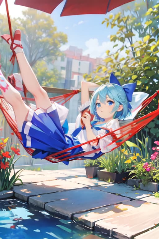  Cirno in a hammock, watercolor