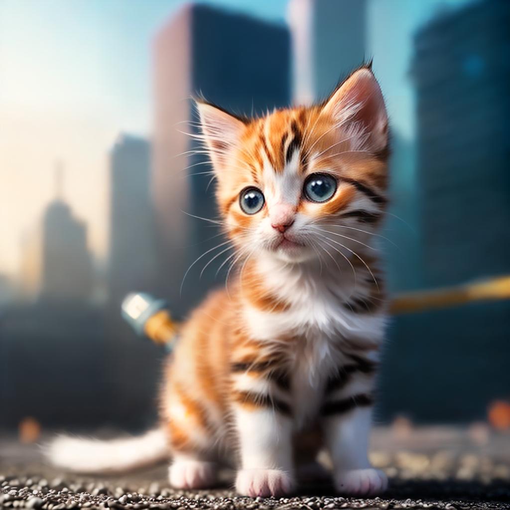  A small kitten dressed in construction special clothing holding a hammer in its paw A construction site or building under construction in the background ,highly detailed, cinematic lighting, stunningly beautiful, intricate, sharp focus, f1. 8, 85mm, (centered image composition), (professionally color graded), ((bright soft diffused light)), volumetric fog, trending on instagram, trending on tumblr, HDR 4K, 8K