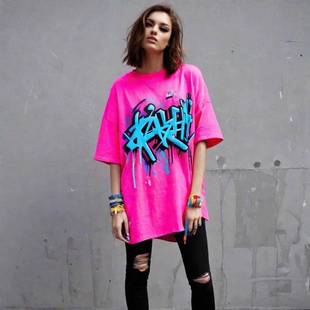  Sure! Here's a design for an oversized shirt that is colorful, has graffiti, and a destroyed look:

1. Colorful Base:
   - Start with a loose-fitting oversized shirt in a bright and vibrant color like neon pink or electric blue. The color should be eye-catching and bold.

2. Graffiti Design:
   - Use a combination of spray paint and fabric markers to create a graffiti design on the front and back of the shirt. Incorporate various colors, shapes, and patterns to give it a dynamic and urban look.
   - Write words or phrases in bold lettering using different graffiti styles. You can include phrases like "Street Vibes," "Urban Rebel," or any other graffiti-inspired words that resonate with the design.

3. Destroyed Look:
   - To achieve the des